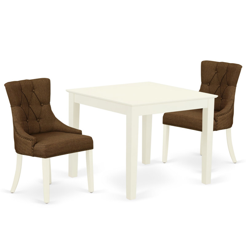 Ensemble de coin-repas 3 pièces pour petits espaces comprenant une table de salle à manger carrée et 2 chaises Parson rembourrées en tissu brun, lin blanc