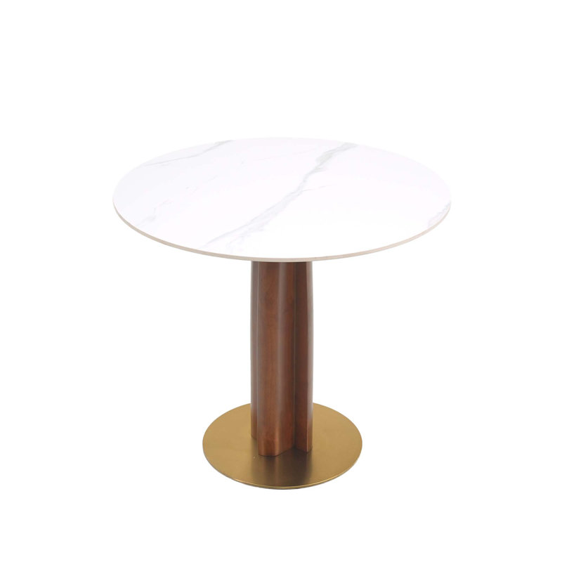 33.5" Contemporary 2 - Person Dining Table with Windmill Shape Wooden Pedestal Leg & Gold Base for Small Space, White