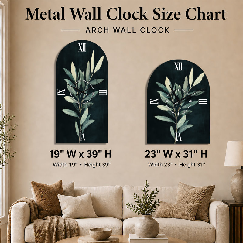 Olive Branch après la tombée de la nuit I - Horloge murale en métal noir Japandi Arch, H 31 po x l 23 po - Arche