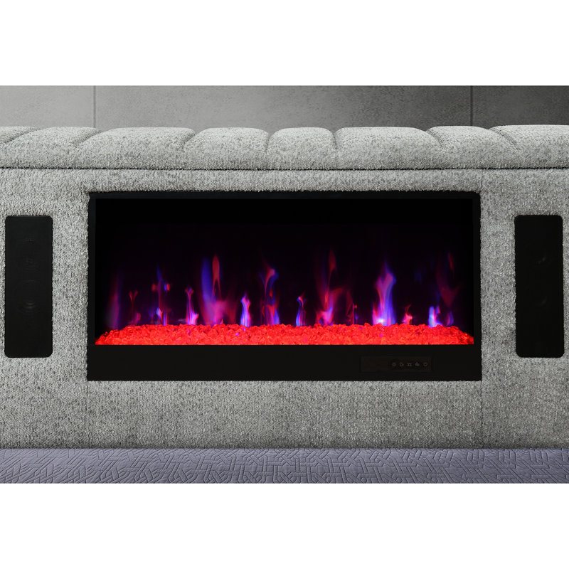 Grand lit contemporain gris avec télé de 50 po, lumières DEL, haut-parleurs et foyer, lit tapissier, bois massif et cadre de remplissage, style, fabrication