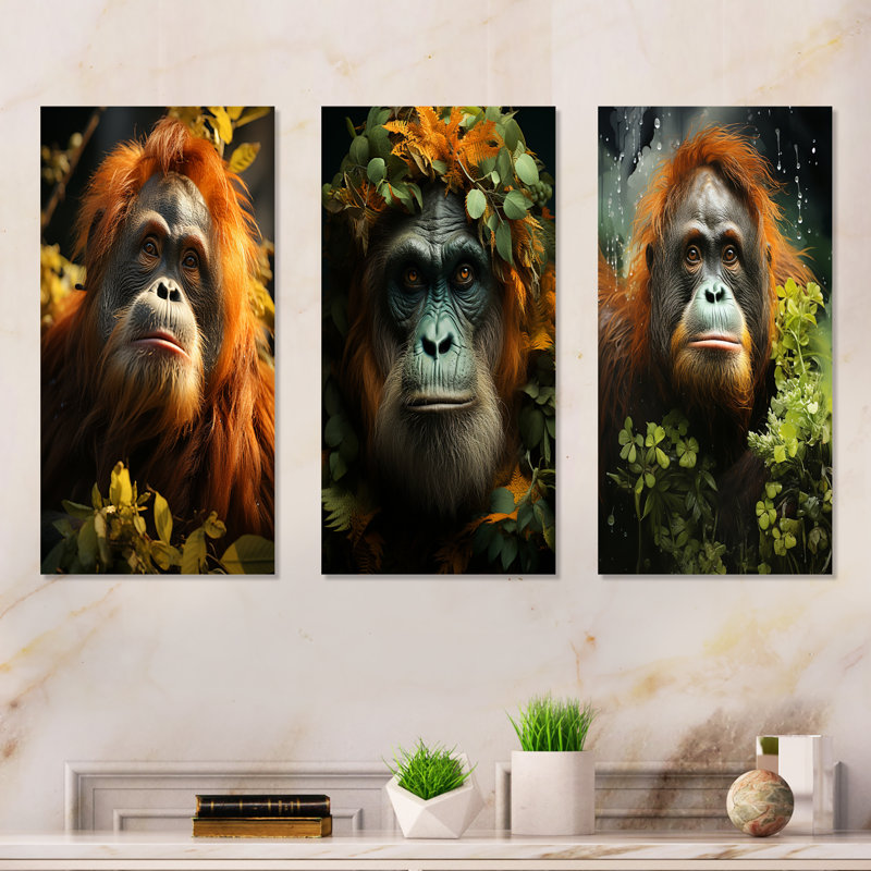 «Apes Orangutan Sunlit Jungle - Orang-outan», ensemble de 3 reproductions d'art en métal, H 32 po x l 48 po