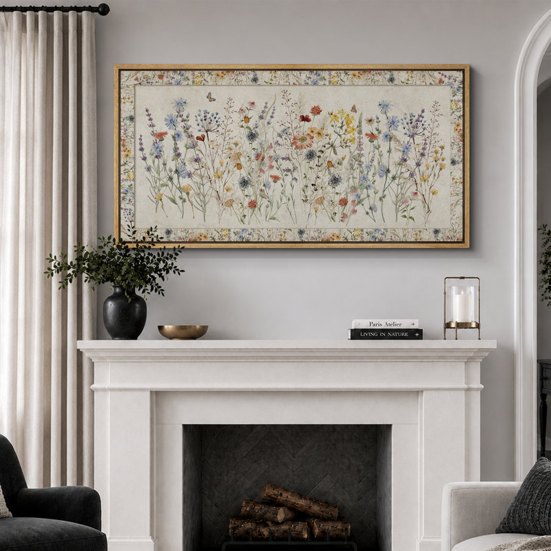 «Vibrant Wildflower Botanical Elegance», reproduction florale foncée encadrée, H 30 po x l 60 po, Naturel