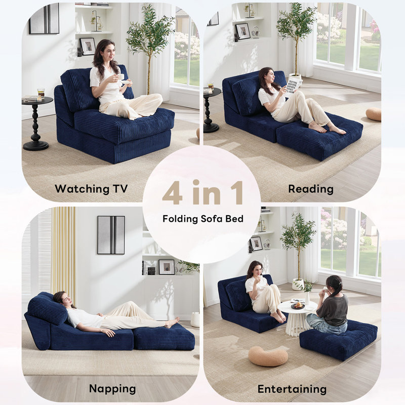  8.3" Compression Futon mattress, Folding Sofa Bed, Modern Corduroy Upholstered Sofa Comfortable Accent Chair, Blue