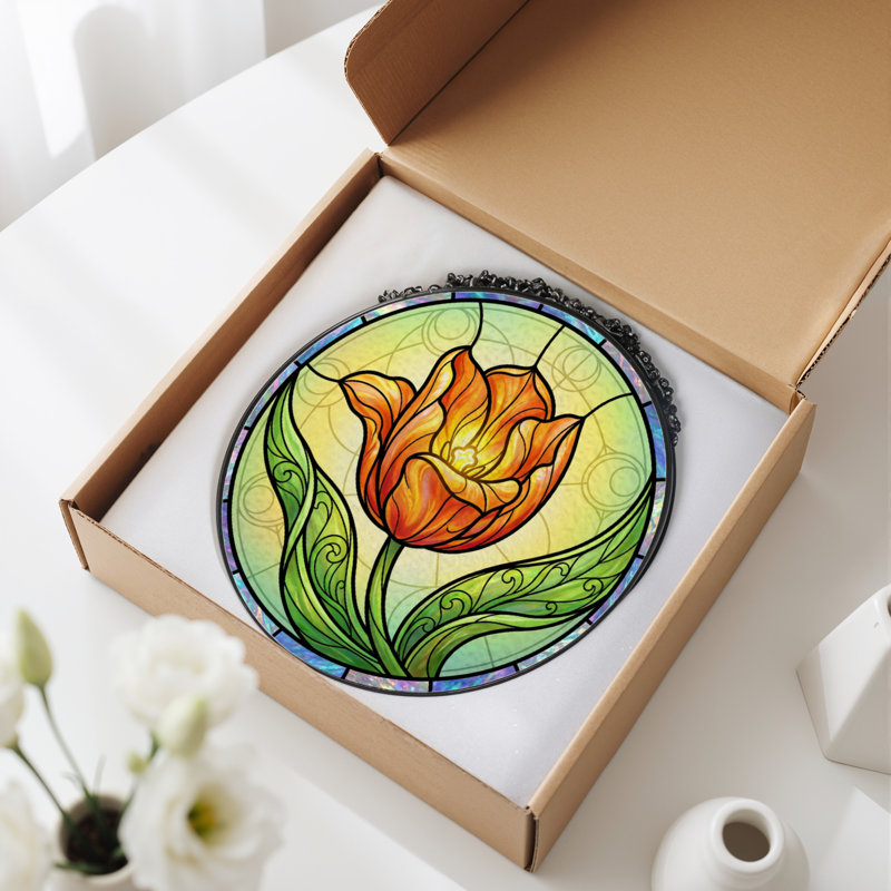 Panneau de vitrail 12 "H Tulip Flower, H 12 po x l 12 po