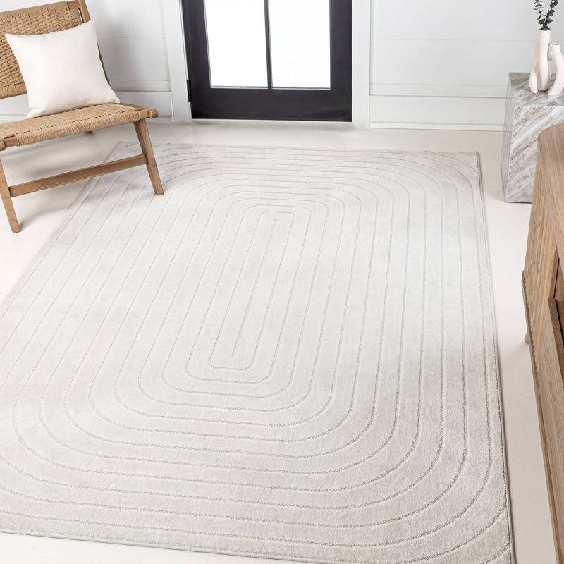 Amzi High-Low Modern Scandinavian Arch Stripe Monotone Ivory Indoor/Outdoor Rug, Rectangle 5'3" x 7'7"