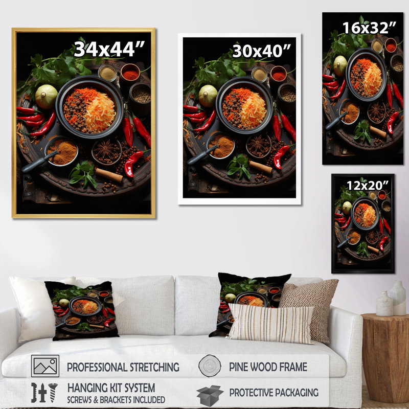 Cuban Cuisine - rouge sur toile, Encadrement doré, H 32 po x l 16 po x P 1 po