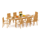 10 Seats 11 Pcs Grade-A Teak Wood Dining Set: 118" Double Extension Rectangle Table And 10 Goa Stackng Arm Chairs #11GO2410