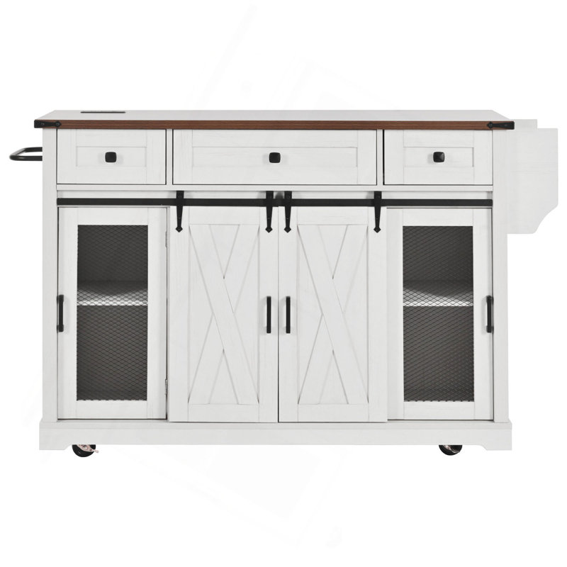 58" Farmhouse Kitchen Island With Storage, Sliding Barn Door & Metal Grid Side Door, Rolling Kitchen Island On 5 Wheels With Spice Rack, Glass Holders,Island Table With Drop Leaf For Kitchen