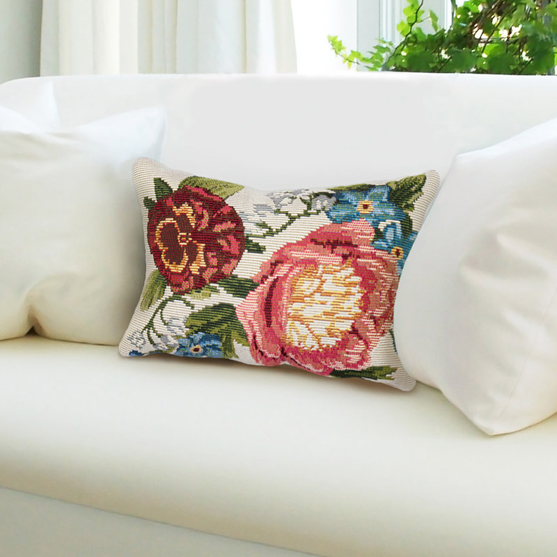Marina Floral Outdoor Throw Pillow, Cream, Rectangle 12"H x 18"W