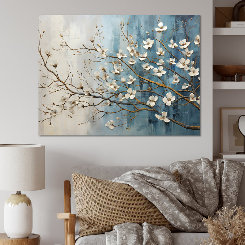 «Peacefulness White Blue Dogwood III», art mural cornouiller, H 30 po x l 40 po x P 1,5 po, Toile tendue