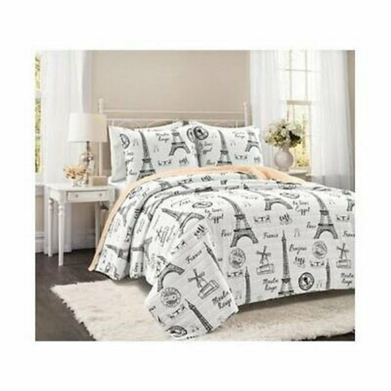Ensemble de courtepointe réversible 100% coton gris / blanc 3 pièces, Courtepointe très grand + 2 taies décoratives