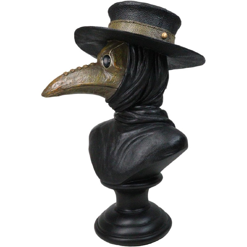 Sculpture buste en forme de tête de mort noir avec masque de corbeau 12 po H