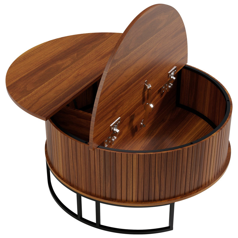 Table basse 31,5 "avec rangement surélevé - Table basse moderne en noyer cannelé de style Mid-Century pour petits salons