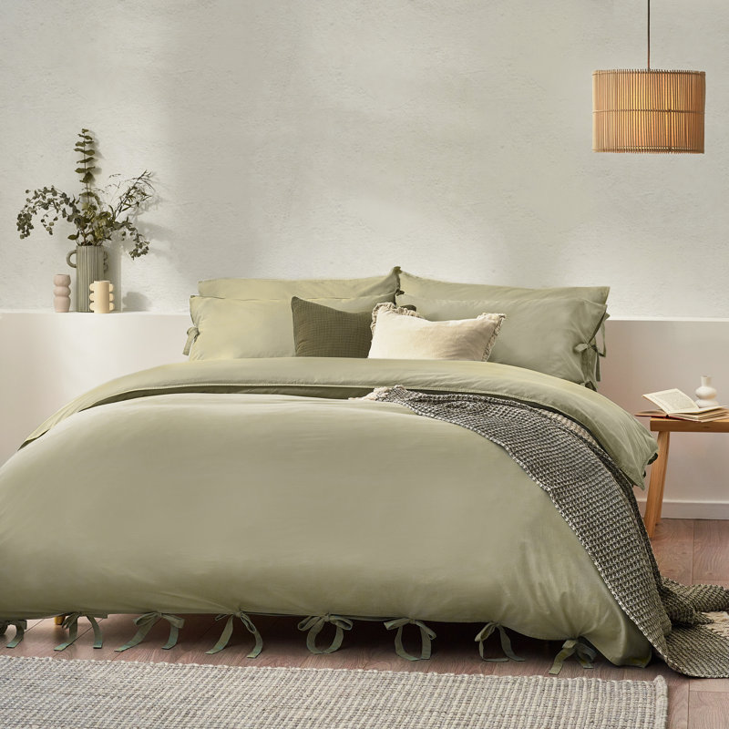 Mallow Bow Tie Cotton Solid Colour Duvet Cover Set with Pillowcases Included, UK Double + 2 Standard Pillowcase, Green
