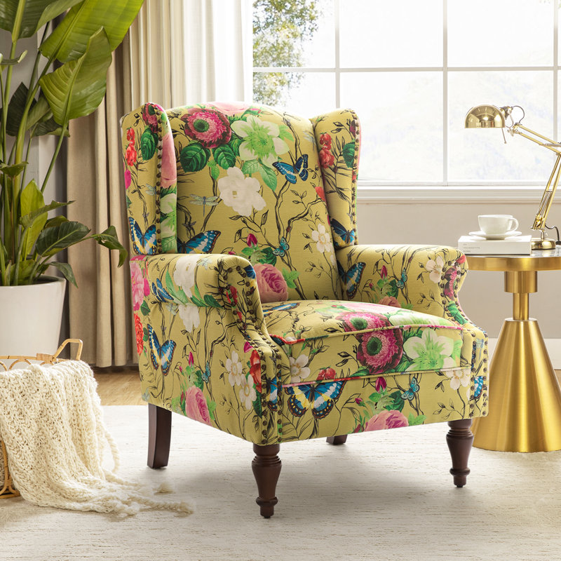 Fauteuil d'appoint à oreilles rembourré Anndi, Velours moutarde