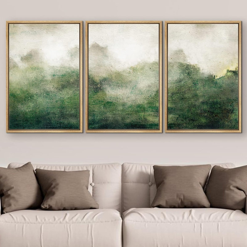 " Forest Green Watercolor Pastel Landscape Shape Abstract Illustration Modern Art Minimal " 3 - Pieces, Naturel