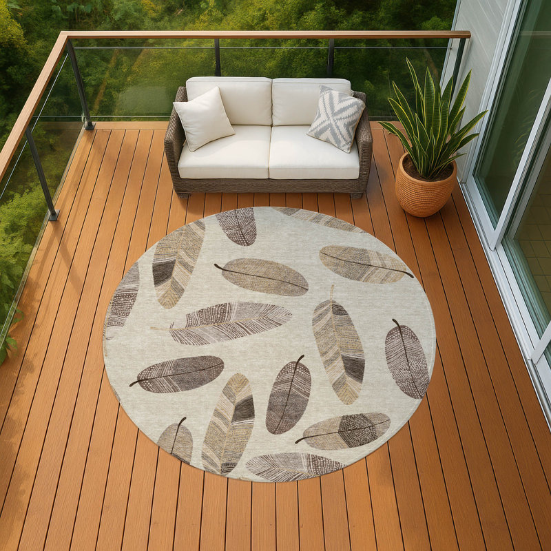 Tapis botanique intérieur / extérieur lavable à la machine Chantille ACN2649, Beige, Rond 8 pi