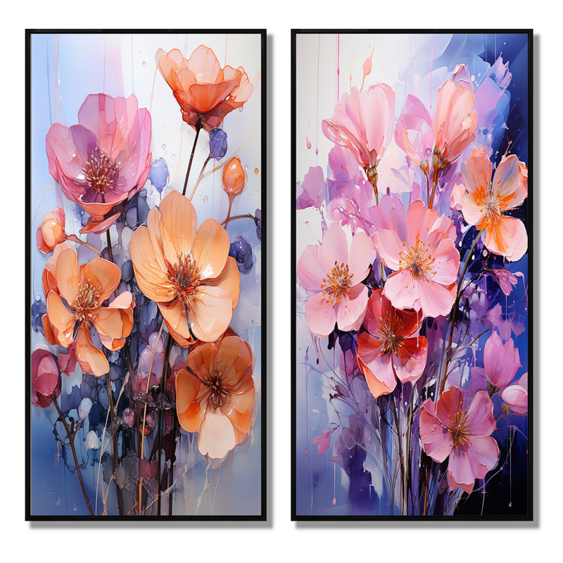 «Peach Purple Violets Représentation Dreams», 2 pièces, H 32 po x l 32 po, Cadre noir