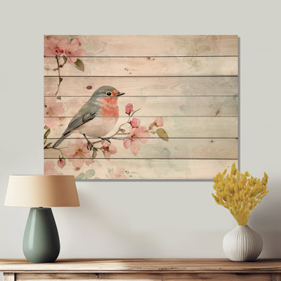 Bird Robin Song In The Garden II - Modern Pink Wood Print On Natural Pine Wood