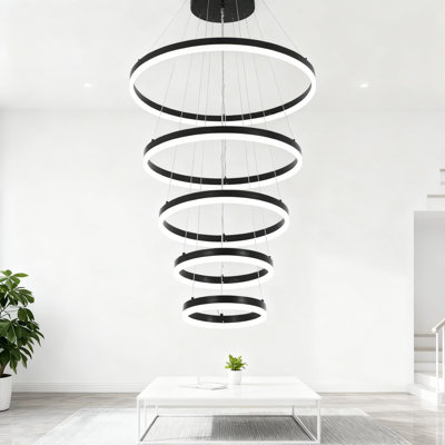 Modern 5-Ring LED Chandelier With Remote Control, Dimmable Pendant Lighting With Adjustable Color Temperature (3000K-6500K) For High Ceilings, Dining Room, Living Room, Foyer And Staircase