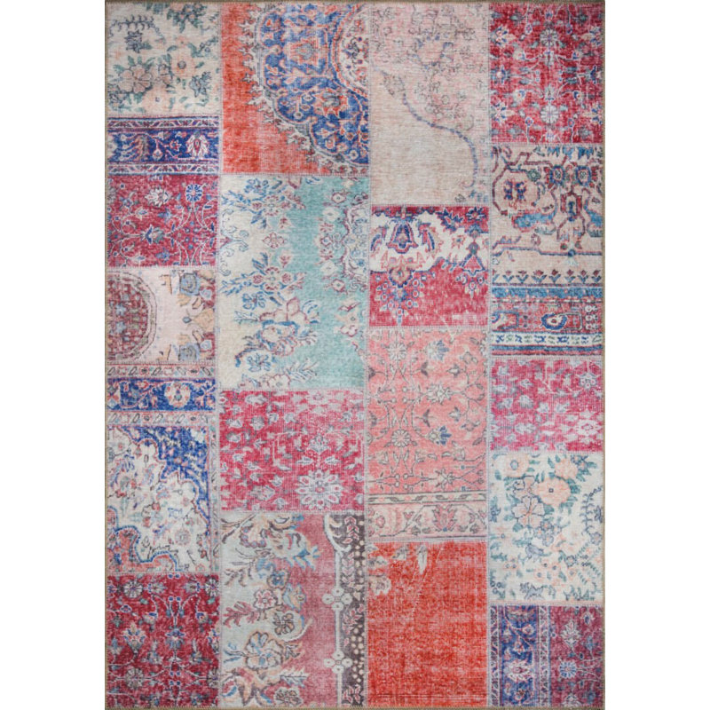 Tapis décoratif rose avec patchwork coloré, Rectangle 3 pi 10 po x 5 pi 3 po