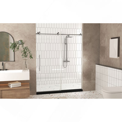 Frameless shower door 56-60 "W x 76"H, 1/4 "(6 mm) Clear Tempered Glass, Explosion Proof Film, Stainless Steel Handle,Brushed Nickel