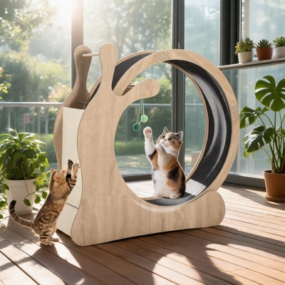 Roue d'exercice pour chat en bois 33 po, grand tapis roulant en TPE avec coussin en sisal, jouets, rangement, bois naturel