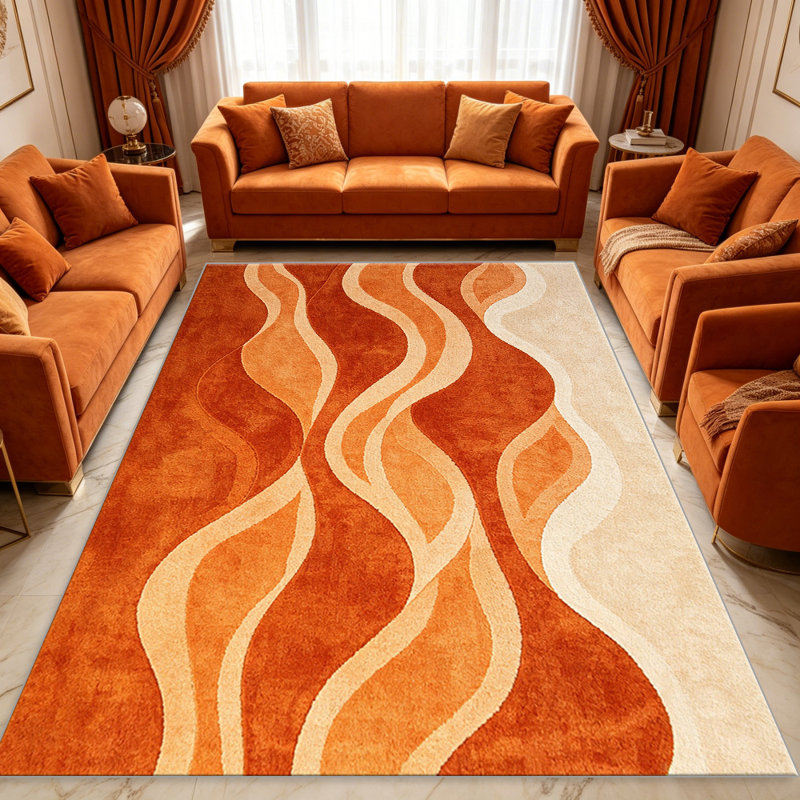Orange Abstract Wave carpet-easy to clean, machine-washable, soft and comfortable; suitable for door mats, kitchens, living rooms, bedrooms, corridors, and laundry areas. Easy to clean, durable carpet for home decoration.