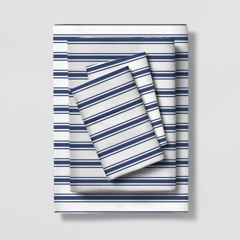 Queen Navy Stripe Cotton Blend Percale Sheet Set