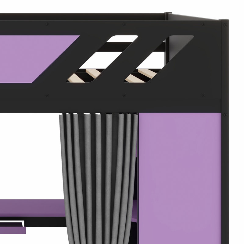 Structure de lit mezzanine avec bureau intégré, tablettes de rangement, rideaux occultants et lumières RVB, Noir et mauve