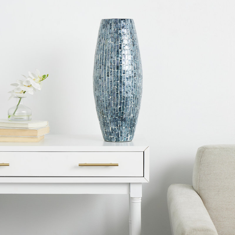 Corneisha Blue Mother of Pearl Shell Handmade Mosaic Inspired Decorative Blue Vase