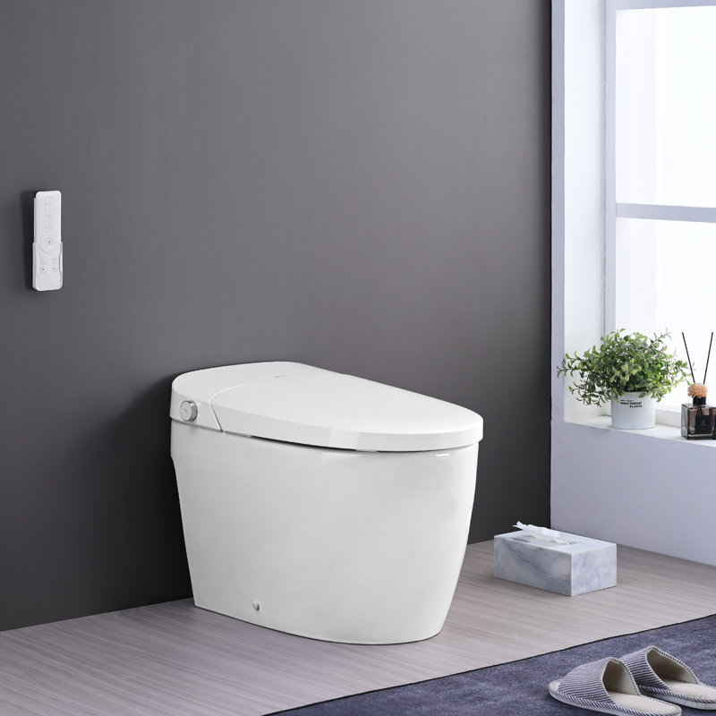 Combiné de bidet de toilette intelligent avec buse autonettoyante, siège chauffant, veilleuse, commande à bouton, chasse d'eau en cas de panne de courant, fermeture en douceur, chasse automatique, avec télécommande