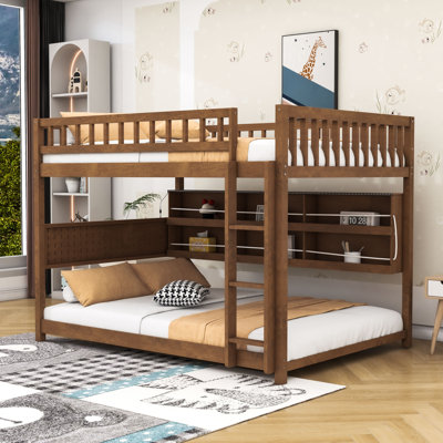 Lit superposé double en bois avec bande lumineuse, tablettes de rangement et panneau perforé
