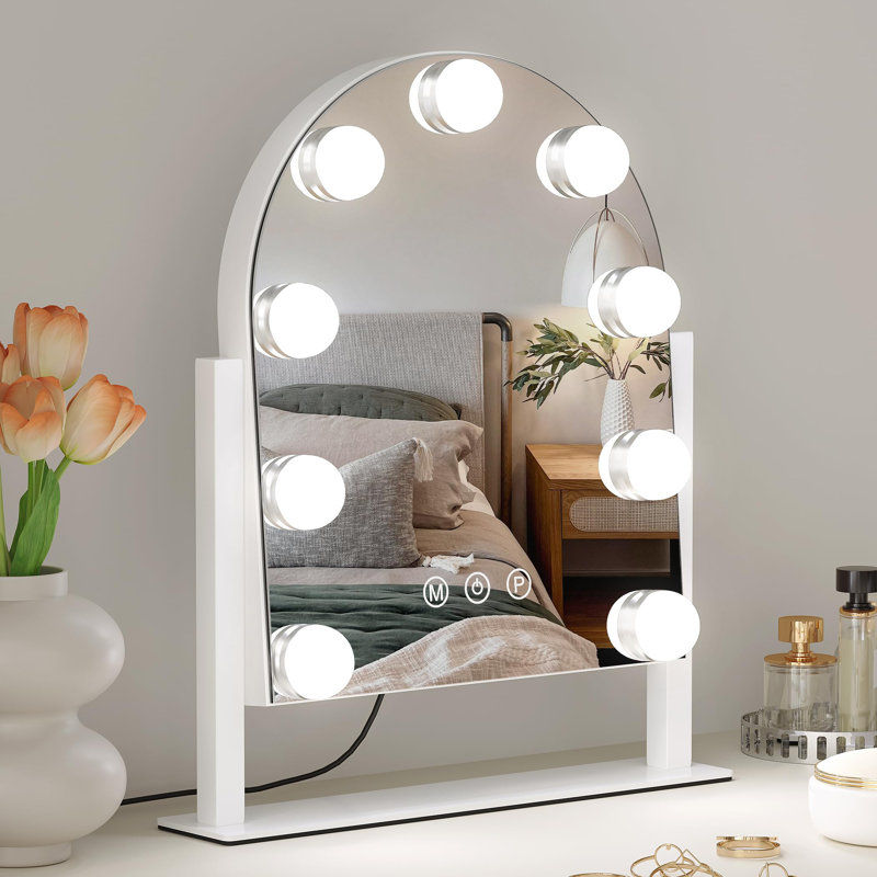 Vanity Mirror With Lights, 14''X12'' Arched Makeup Mirror With 3 Color Modes And 9 Dimmable Bulbs, Desk Vanity Mirror With Memory, (White)