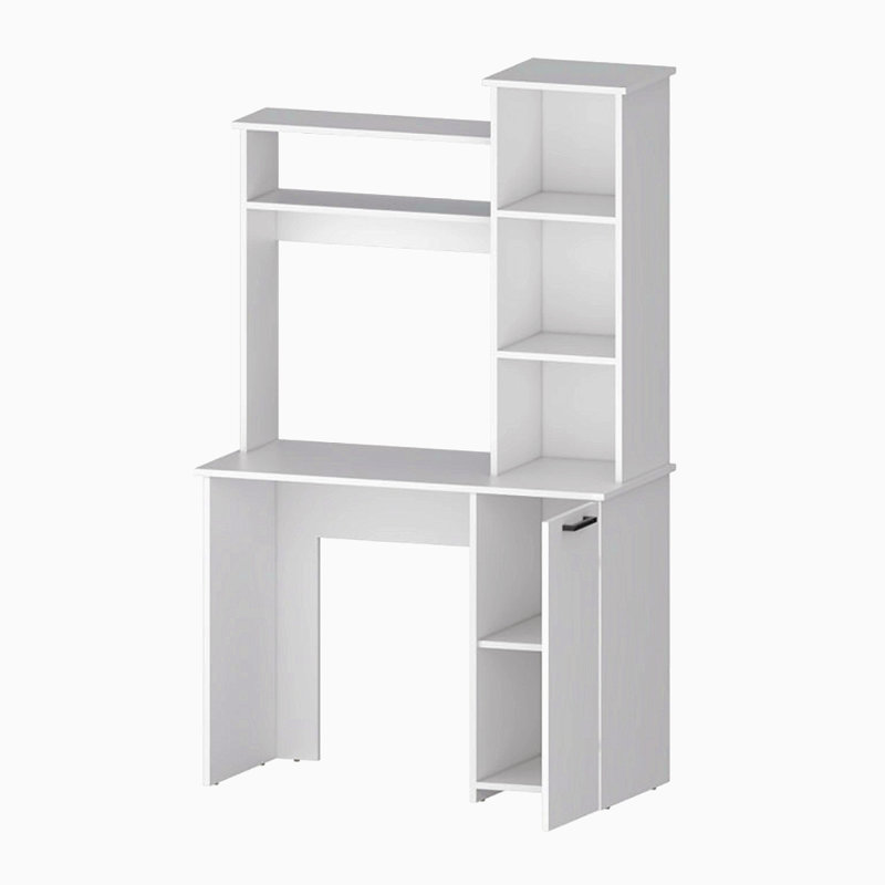 Bureau d'ordinateur blanc avec tablettes de rangement à 3 niveaux