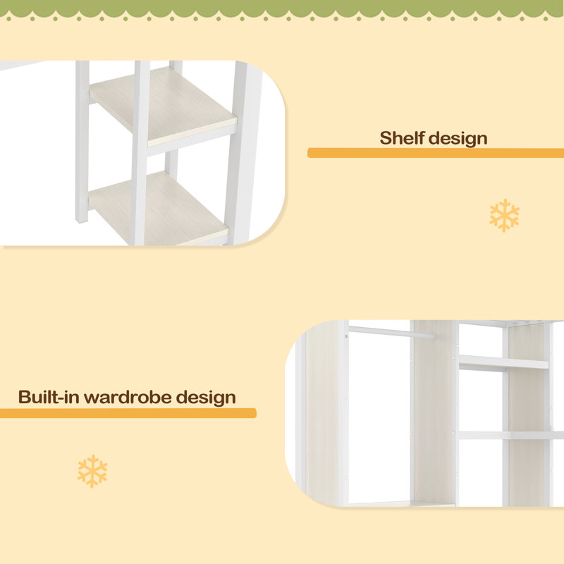 Structure de lit mezzanine grand format avec garde-robe intégrée, lit mezzanine en métal avec bureau et tablettes de rangement