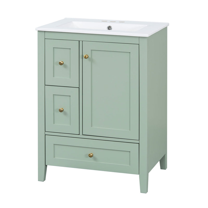 Meuble-lavabo de 24 po avec lavabo en céramique, armoire de rangement avec séparateurs amovibles, Vert