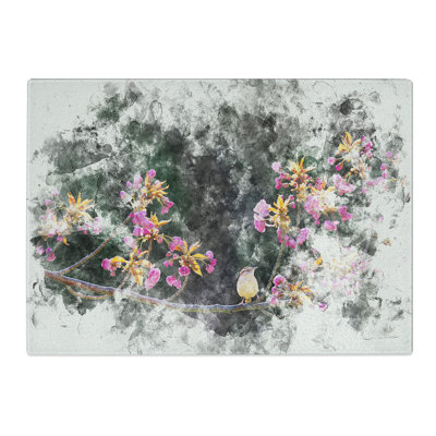 Tempered Glass Wren upon a Blossom Tree Branch Watercolour Chopping Board