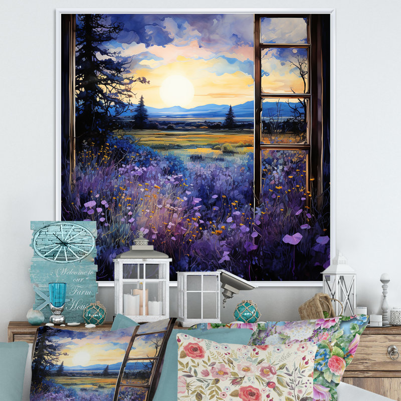 Lavande Horizon Country Side Windows I - Farmhouse Windows, art mural, Cadre flottant blanc, H 16 po x l 16 po x P 1 po