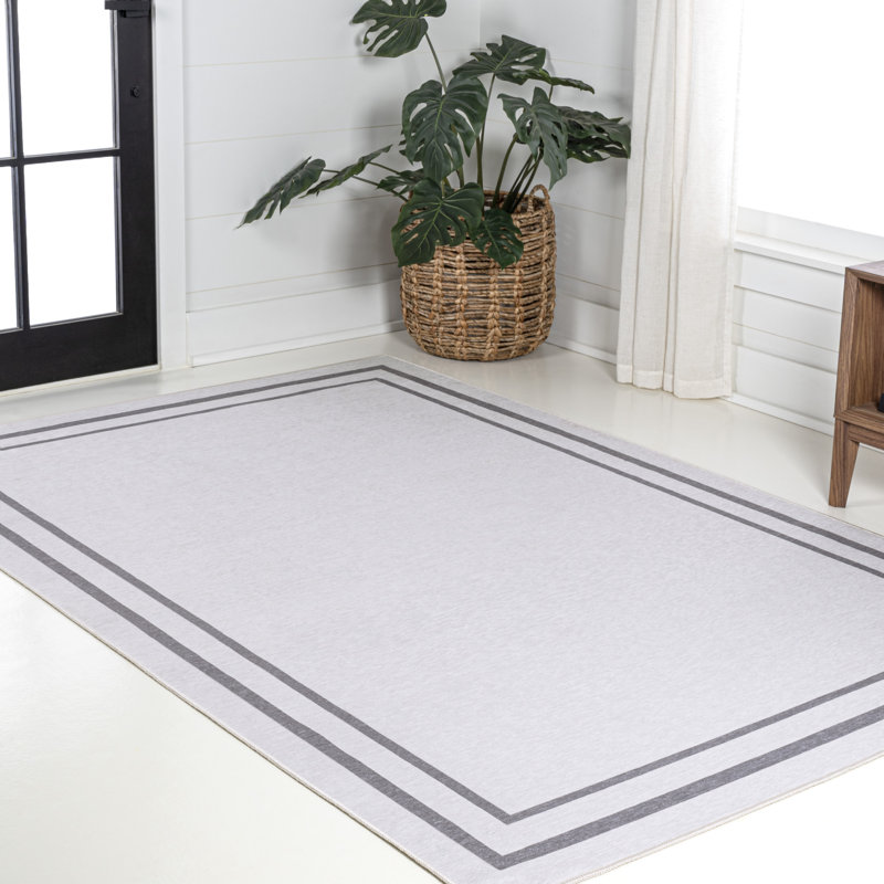 Mariques Classic 2-Stripe Border Washable White/Gray Rug, Rectangle 5'3" x 7'7"