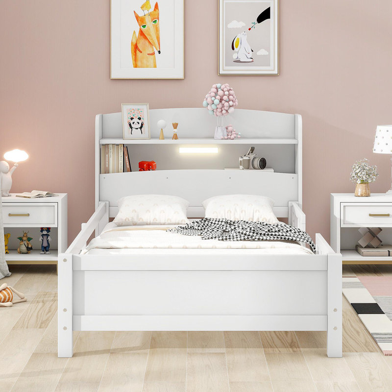Lit plateforme simple en bois avec éclairage à DEL intégré, tête de lit avec rangement et garde-corps, Blanc