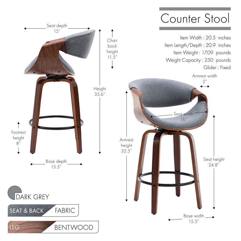 63cm Swivel Bar Stool, Drak Grey