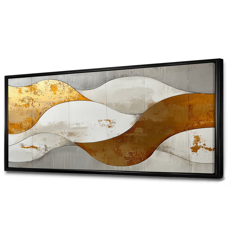 Ognen, bosquet abstrait d'introspection en or et blanc III - art abstrait de vagues modernes, H 28 po x l 60 po, Noir