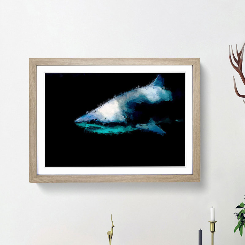 Shark in the Shadows - Picture Frame Graphic Art Print, 40cm H x 60cm W x 2cm D, Oak