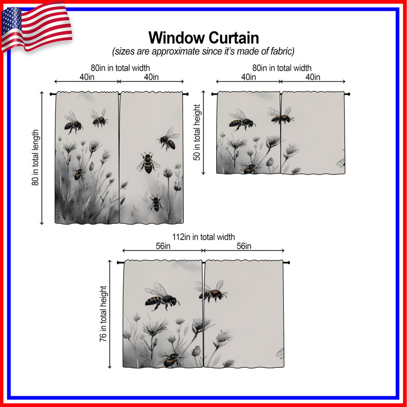 Rideaux de fenêtre Bees On Wildflowers, 20 po x 60 po - 2 panneaux, Obscurcissement de chambre