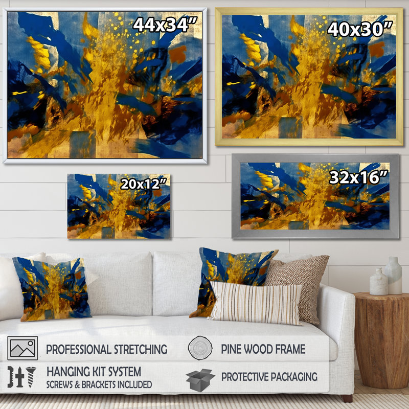 Abstraction lyrique en bleu et jaune - Collages abstraits, impressions d'art mural, H 34 po x l 44 po x P 1,5 po