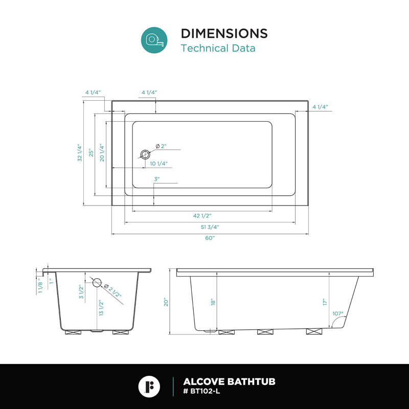 Alcove Soaking Fiberglass Bathtub, Left, 60" x 32"
