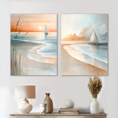 Bord de mer avec voilier au coucher du soleil I - Impression sur toile en 2 parties « Coucher de soleil côtier »