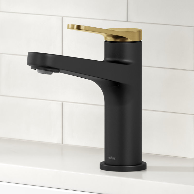 Robinet de salle de bain KRAUS Indy sans tache avec poignée simple, bonde escamotable et conduites d'alimentation