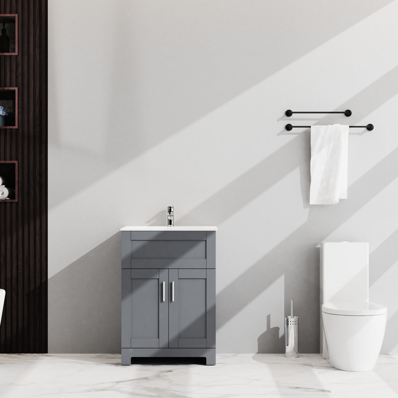 24 po Meuble de lavabo pour salle de bain, gris - Rangement fonctionnel à deux portes supérieur tendance moderne Installation facile - Buanderie en céramique pour meuble-lavabo et motif élégant Deux portes spacieuses pour